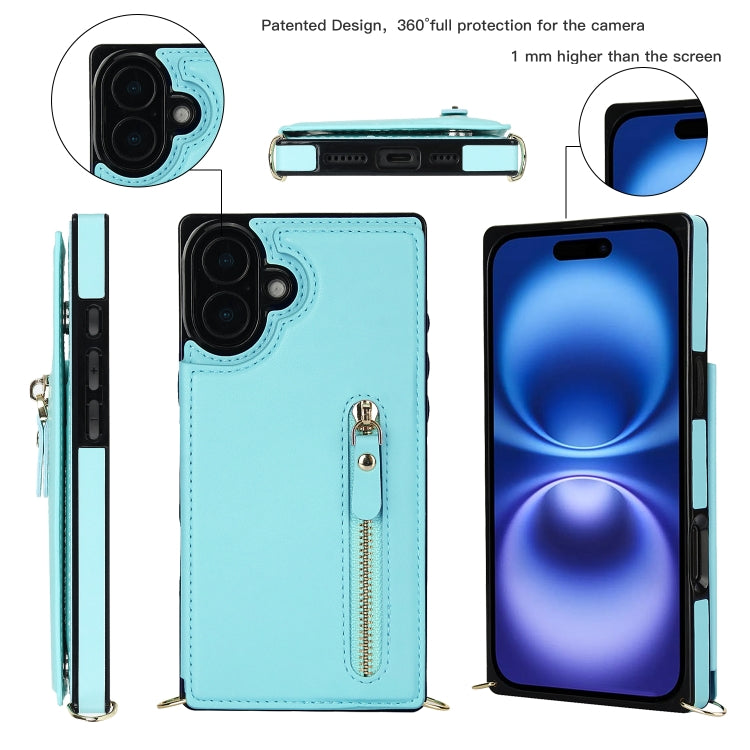 For iPhone 16 Plus Cross-body Zipper Square Phone Case(Green)