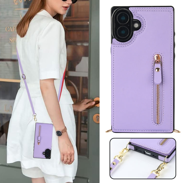 For iPhone 16 Plus Cross-body Zipper Square Phone Case(Purple)