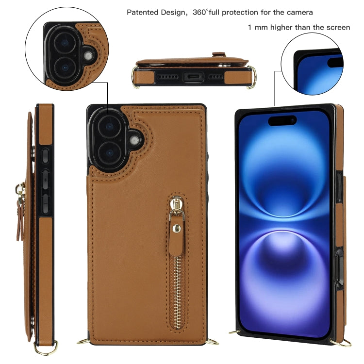 For iPhone 16 Plus Cross-body Zipper Square Phone Case(Brown)