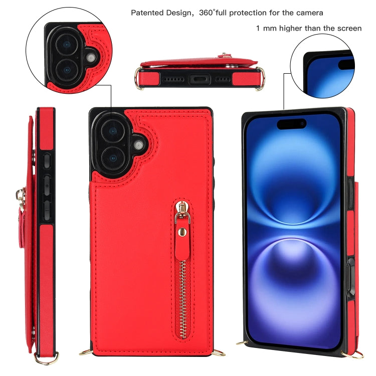 For iPhone 16 Plus Cross-body Zipper Square Phone Case(Red) - free shipping - PMC Jewellery - Order now!