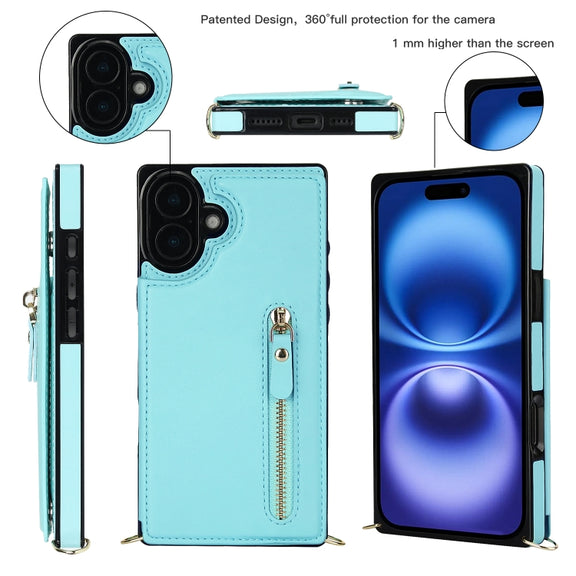 For iPhone 16 Cross-body Zipper Square Phone Case(Green)