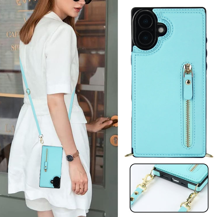 For iPhone 16 Cross-body Zipper Square Phone Case(Green)