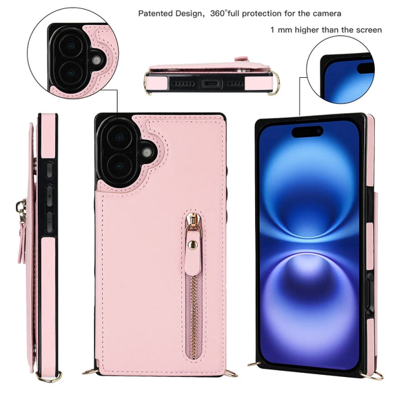 For iPhone 16 Cross-body Zipper Square Phone Case(Pink)