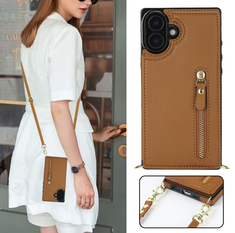 For iPhone 16 Cross-body Zipper Square Phone Case(Brown)