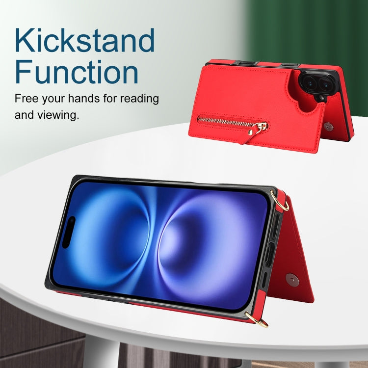 For iPhone 16 Cross-body Zipper Square Phone Case(Red)