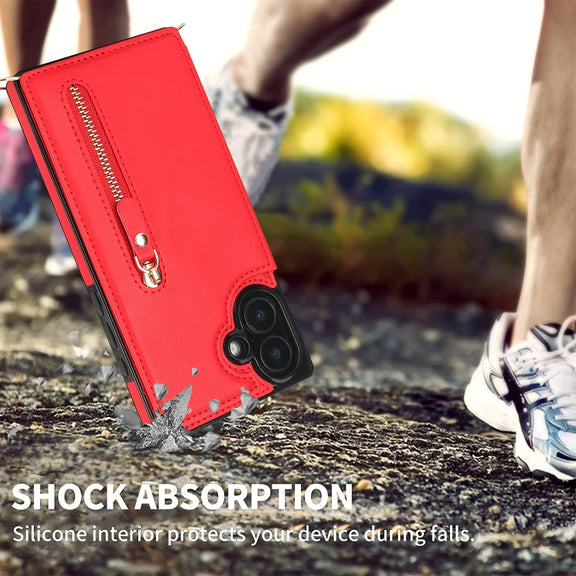 For iPhone 16 Cross-body Zipper Square Phone Case(Red)