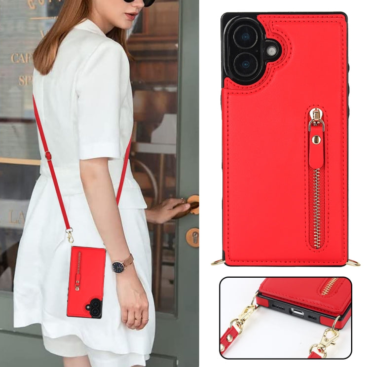 For iPhone 16 Cross-body Zipper Square Phone Case(Red)