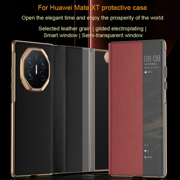For Huawei Mate XT Ultimate Smart Side View Window Plain Leather Phone Case(Dark Red)