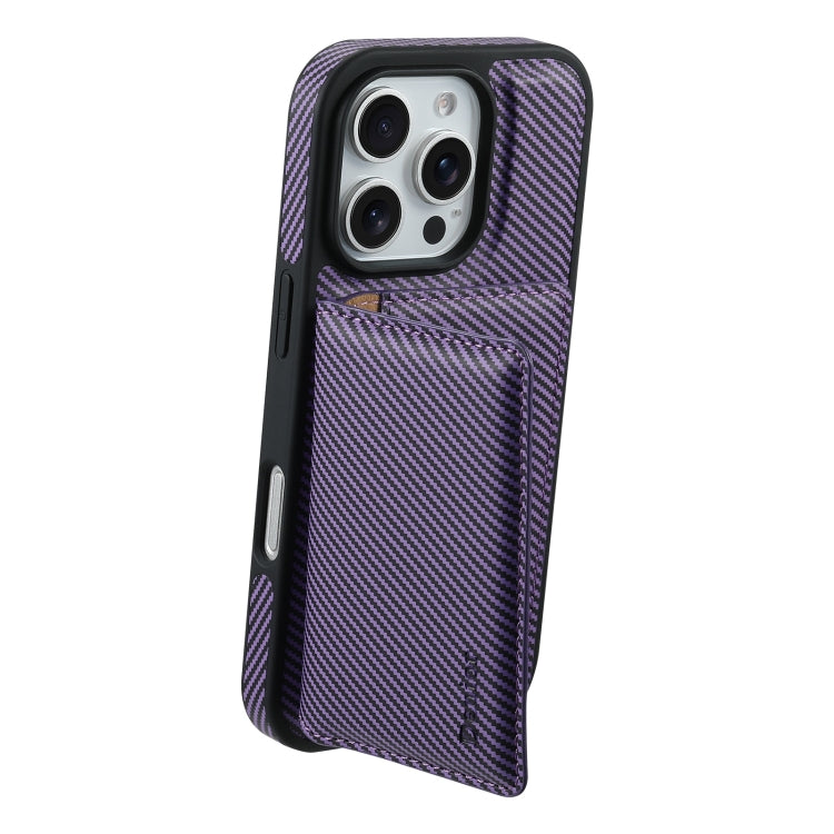 For iPhone 16 Pro Denior Carbon Fiber Texture Leather Card Bag MagSafe Phone Case(Purple) - free shipping - PMC Jewellery - Order now!