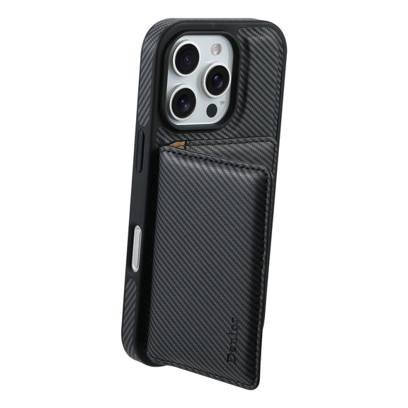 For iPhone 16 Plus Denior Carbon Fiber Texture Leather Card Bag MagSafe Phone Case(Black)