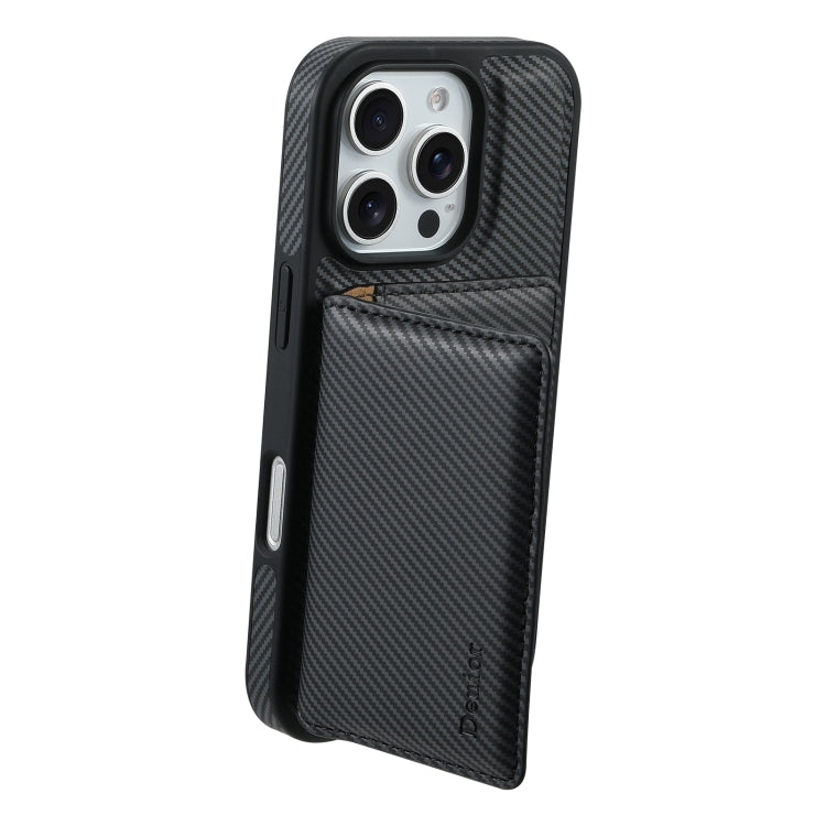 For iPhone 16 Plus Denior Carbon Fiber Texture Leather Card Bag MagSafe Phone Case(Black)