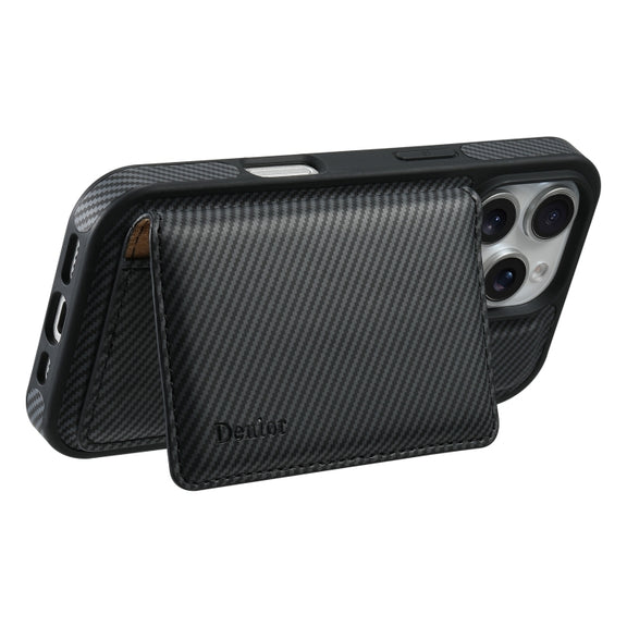 For iPhone 16 Plus Denior Carbon Fiber Texture Leather Card Bag MagSafe Phone Case(Black)
