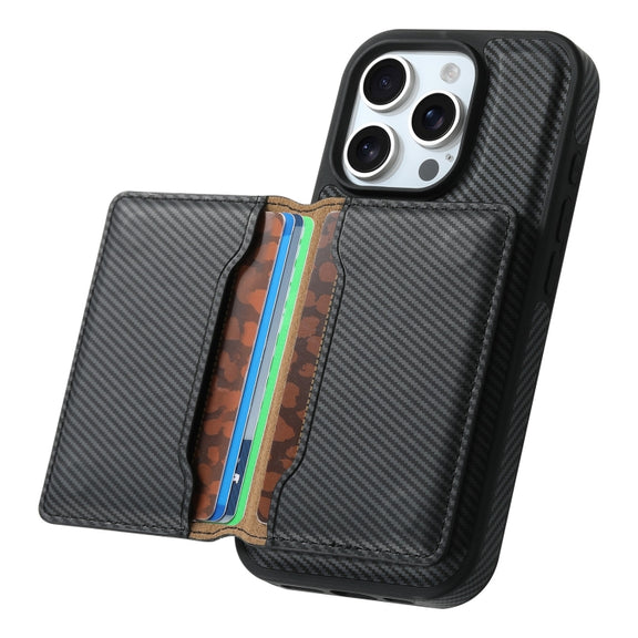 For iPhone 16 Plus Denior Carbon Fiber Texture Leather Card Bag MagSafe Phone Case(Black)
