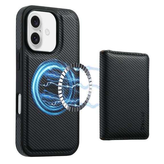 For iPhone 16 Plus Denior Carbon Fiber Texture Leather Card Bag MagSafe Phone Case(Black)
