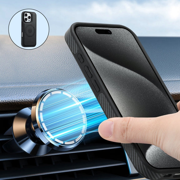For iPhone 16 Plus Denior Carbon Fiber Texture Leather Card Bag MagSafe Phone Case(Black)