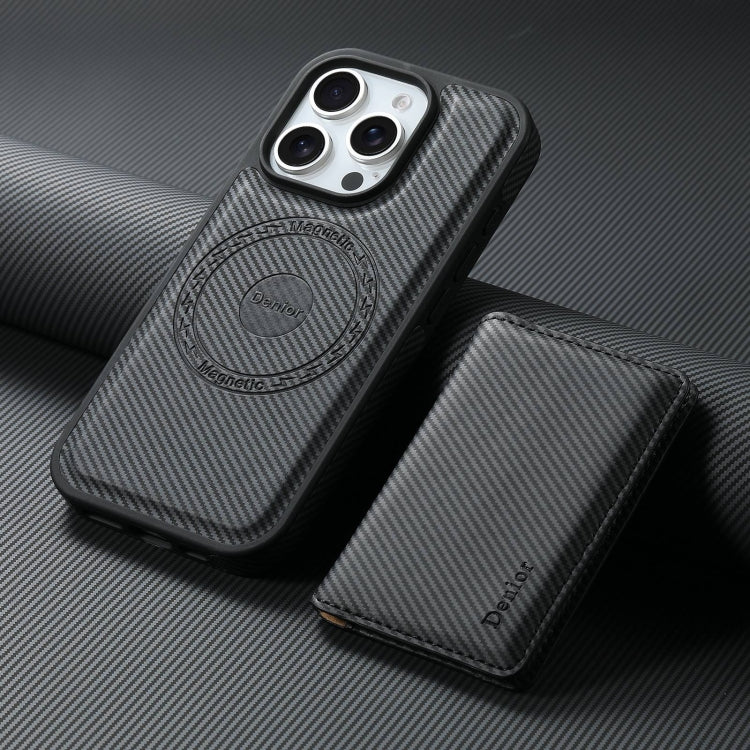 For iPhone 16 Plus Denior Carbon Fiber Texture Leather Card Bag MagSafe Phone Case(Black)