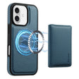 For iPhone 16 Plus Denior Carbon Fiber Texture Leather Card Bag MagSafe Phone Case(Blue) - iPhone 16 Plus Cases by Denior | Online Shopping South Africa | PMC TechLife | Buy Now Pay Later Mobicred