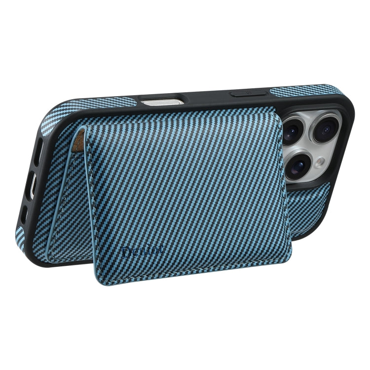 For iPhone 16 Plus Denior Carbon Fiber Texture Leather Card Bag MagSafe Phone Case(Blue)