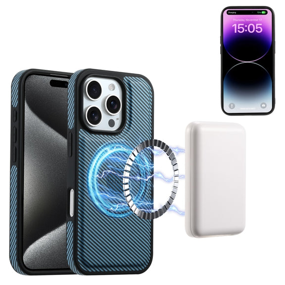 For iPhone 16 Plus Denior Carbon Fiber Texture Leather Card Bag MagSafe Phone Case(Blue)