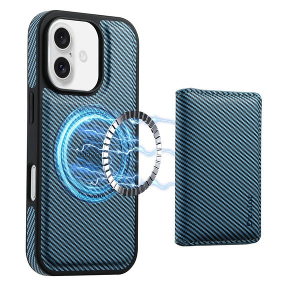 For iPhone 16 Plus Denior Carbon Fiber Texture Leather Card Bag MagSafe Phone Case(Blue)