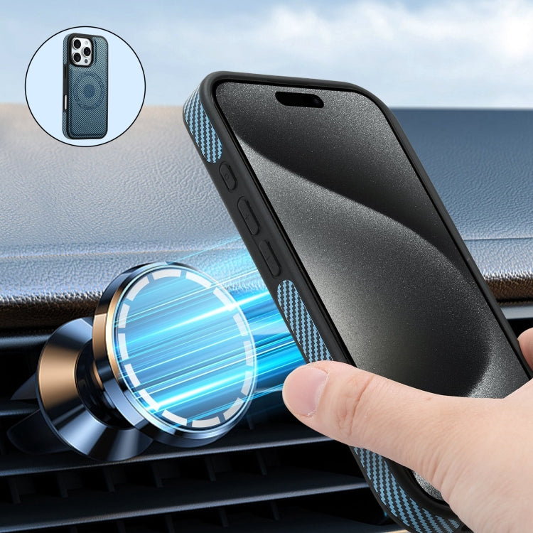 For iPhone 16 Plus Denior Carbon Fiber Texture Leather Card Bag MagSafe Phone Case(Blue)