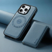 For iPhone 16 Plus Denior Carbon Fiber Texture Leather Card Bag MagSafe Phone Case(Blue)