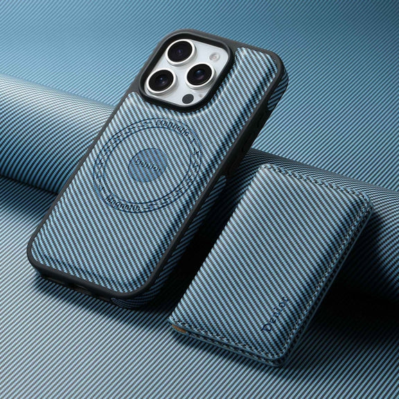 For iPhone 16 Plus Denior Carbon Fiber Texture Leather Card Bag MagSafe Phone Case(Blue)
