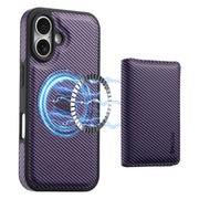 For iPhone 16 Plus Denior Carbon Fiber Texture Leather Card Bag MagSafe Phone Case(Purple)