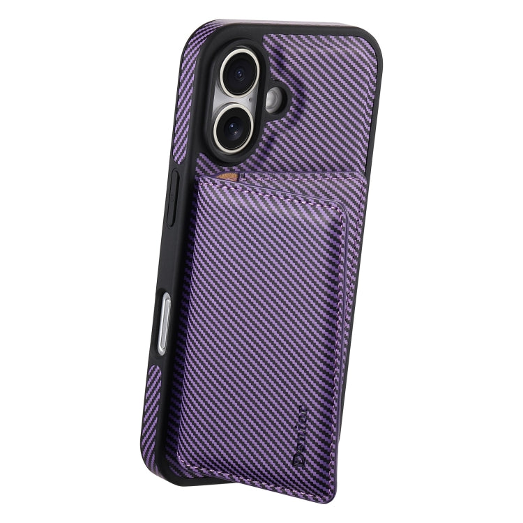 For iPhone 16 Plus Denior Carbon Fiber Texture Leather Card Bag MagSafe Phone Case(Purple)