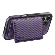 For iPhone 16 Plus Denior Carbon Fiber Texture Leather Card Bag MagSafe Phone Case(Purple)