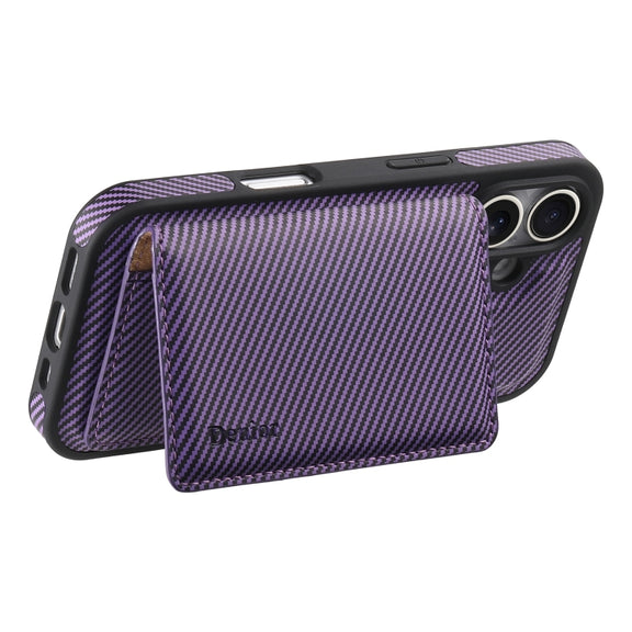 For iPhone 16 Plus Denior Carbon Fiber Texture Leather Card Bag MagSafe Phone Case(Purple)