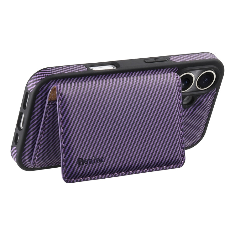 For iPhone 16 Plus Denior Carbon Fiber Texture Leather Card Bag MagSafe Phone Case(Purple)