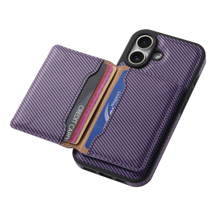 For iPhone 16 Plus Denior Carbon Fiber Texture Leather Card Bag MagSafe Phone Case(Purple)