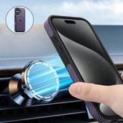 For iPhone 16 Plus Denior Carbon Fiber Texture Leather Card Bag MagSafe Phone Case(Purple)