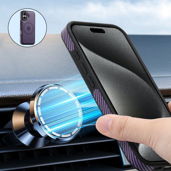 For iPhone 16 Plus Denior Carbon Fiber Texture Leather Card Bag MagSafe Phone Case(Purple)