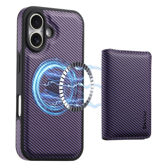 For iPhone 16 Plus Denior Carbon Fiber Texture Leather Card Bag MagSafe Phone Case(Purple)
