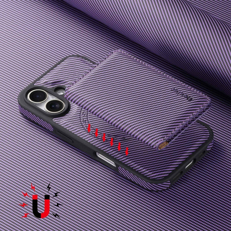 For iPhone 16 Plus Denior Carbon Fiber Texture Leather Card Bag MagSafe Phone Case(Purple)