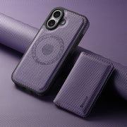 For iPhone 16 Plus Denior Carbon Fiber Texture Leather Card Bag MagSafe Phone Case(Purple)