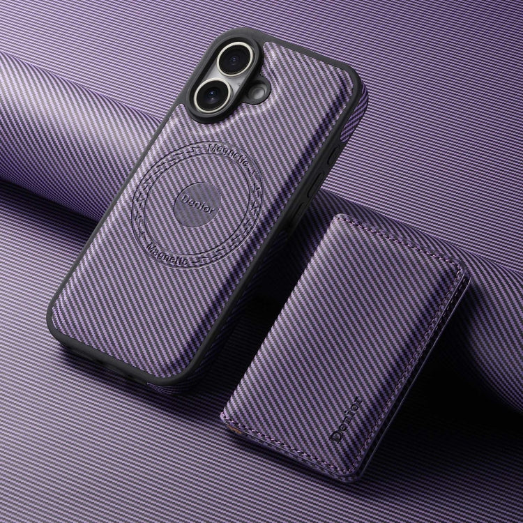 For iPhone 16 Plus Denior Carbon Fiber Texture Leather Card Bag MagSafe Phone Case(Purple)