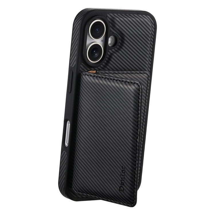 For iPhone 16 Denior Carbon Fiber Texture Leather Card Bag MagSafe Phone Case(Black)