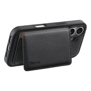 For iPhone 16 Denior Carbon Fiber Texture Leather Card Bag MagSafe Phone Case(Black)