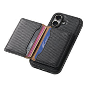 For iPhone 16 Denior Carbon Fiber Texture Leather Card Bag MagSafe Phone Case(Black)