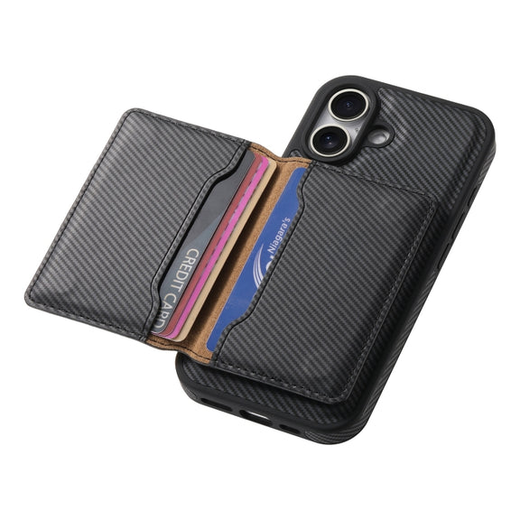For iPhone 16 Denior Carbon Fiber Texture Leather Card Bag MagSafe Phone Case(Black)