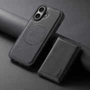 For iPhone 16 Denior Carbon Fiber Texture Leather Card Bag MagSafe Phone Case(Black)