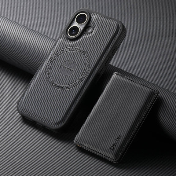 For iPhone 16 Denior Carbon Fiber Texture Leather Card Bag MagSafe Phone Case(Black)