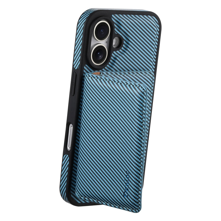 For iPhone 16 Denior Carbon Fiber Texture Leather Card Bag MagSafe Phone Case(Blue)
