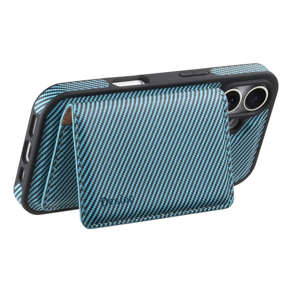 For iPhone 16 Denior Carbon Fiber Texture Leather Card Bag MagSafe Phone Case(Blue)