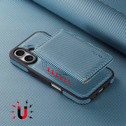 For iPhone 16 Denior Carbon Fiber Texture Leather Card Bag MagSafe Phone Case(Blue)