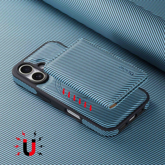 For iPhone 16 Denior Carbon Fiber Texture Leather Card Bag MagSafe Phone Case(Blue)