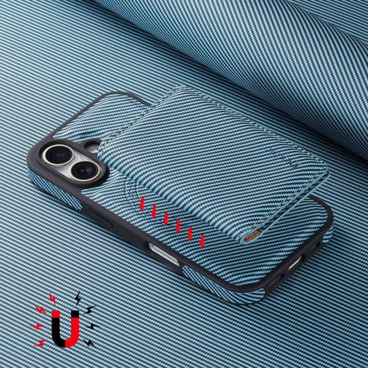 For iPhone 16 Denior Carbon Fiber Texture Leather Card Bag MagSafe Phone Case(Blue)